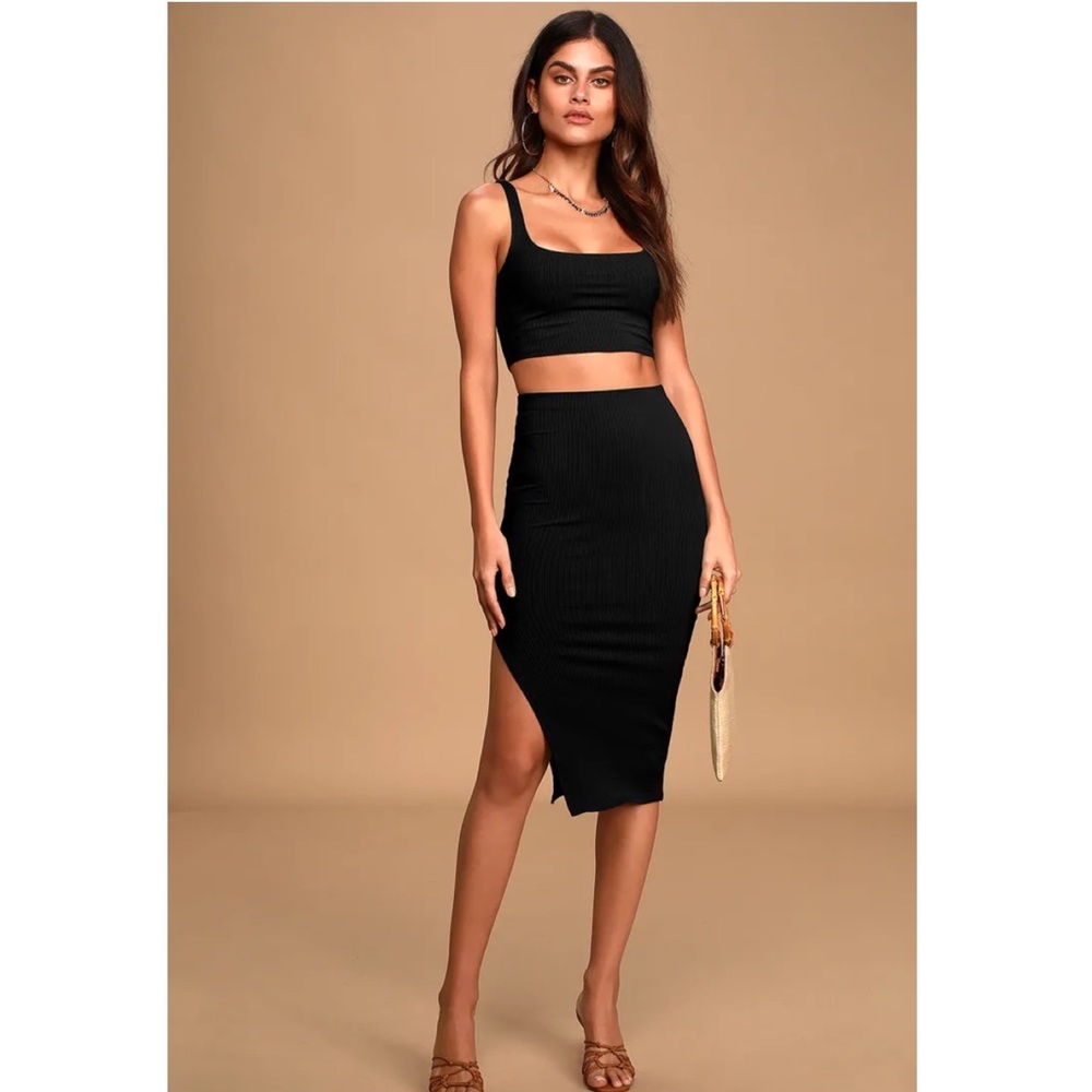NWT Lulu’s Black Ribbed Bodycon Two-Piece Dress